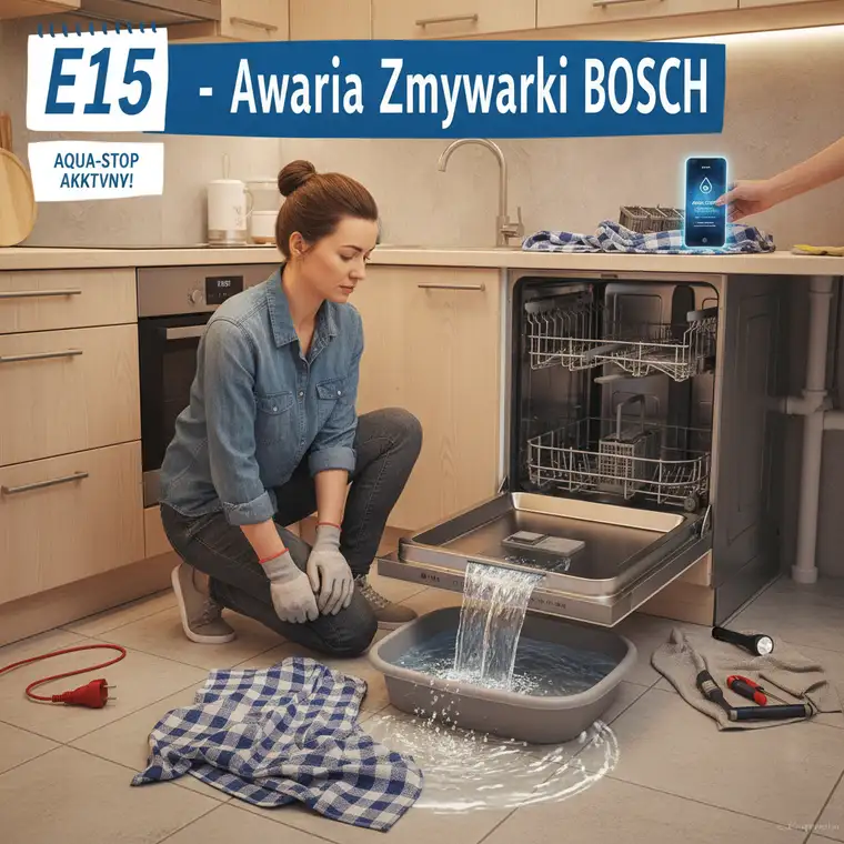 Użytkownik czyści filtry i wąż odpływowy zmywarki Bosch po pojawieniu się błędu E15, by usunąć wyciek i zabezpieczyć mieszkanie