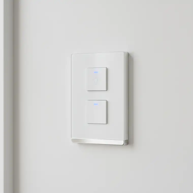 Szklany panelowy inteligentny włącznik światła Wi‑Fi zamontowany w mieszkaniu w bloku, pokazujący nowoczesny wygląd tradycyjnego przełącznika