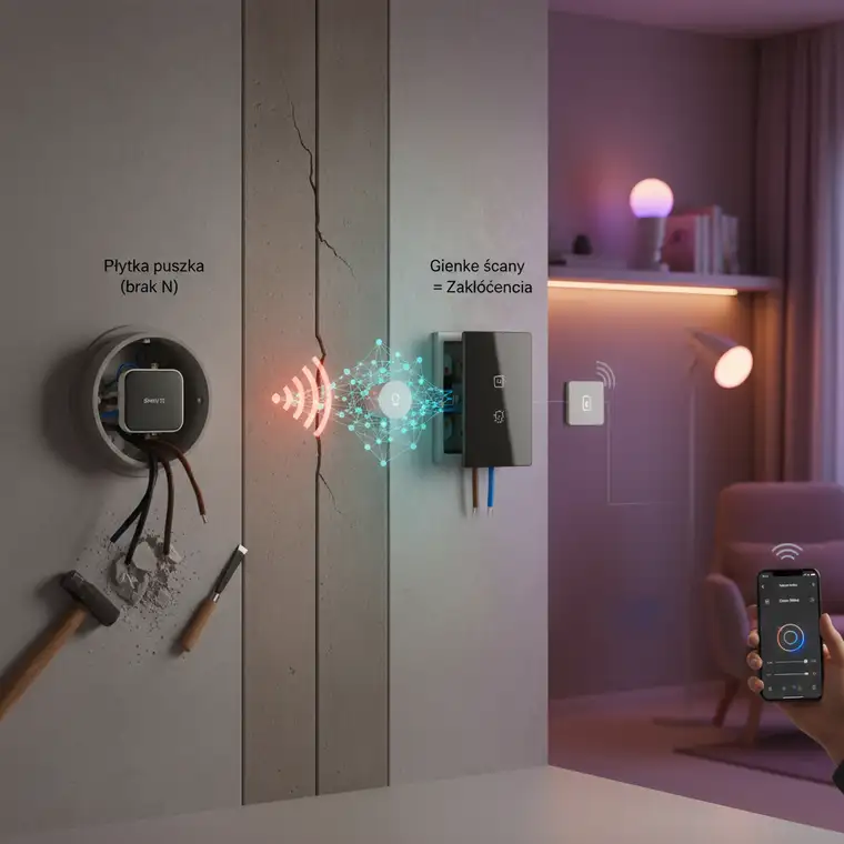 Przykład montażu inteligentnego włącznika światła Zigbee w puszce w ścianie z wielkiej płyty, pokazujący cienką ścianę oraz sposób podłączenia przewodu neutralnego N i fazy L