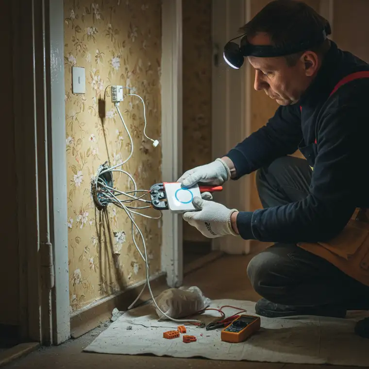 Montaż inteligentnych włączników światła w puszce z aluminiową instalacją w starym mieszkaniu