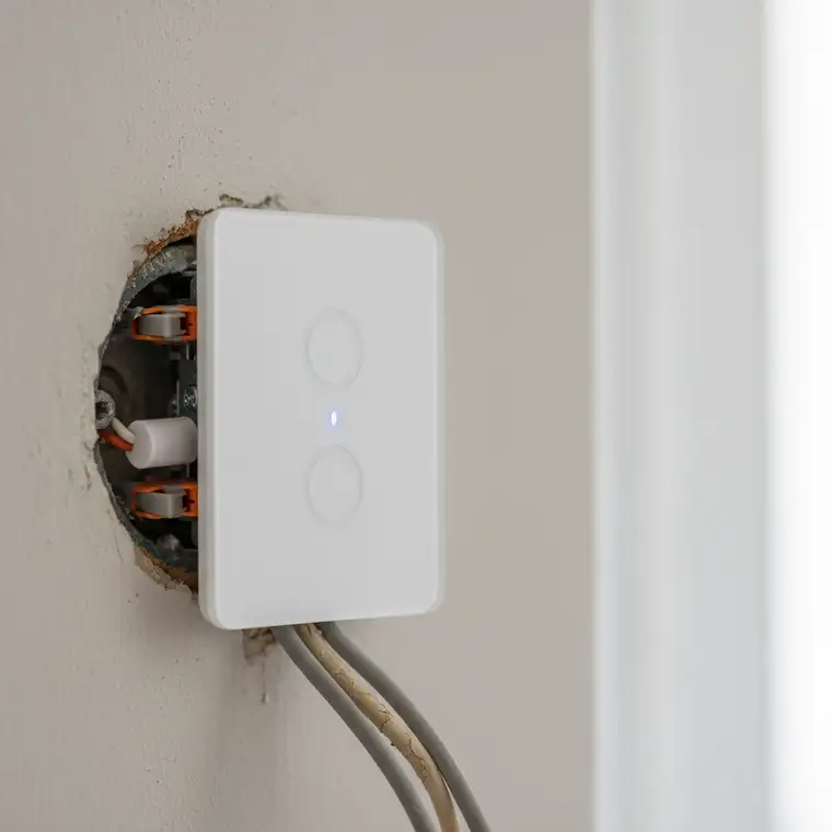 Elektryk sprawdzający aluminiową instalację w starym bloku przed montażem inteligentnych włączników światła