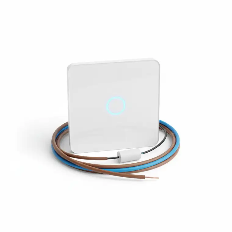 Schemat podłączenia inteligentnego włącznika światła bez przewodu neutralnego w puszce, z kondensatorem przy oprawie lampy i klasyczną żarówką LED w instalacji domowej