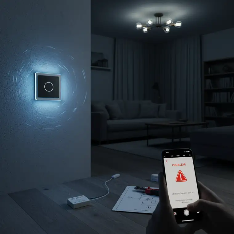 Schemat instalacji z inteligentnym włącznikiem i żarówkami LED, pokazujący miejsce montażu kondensatora bypass w celu eliminacji migotania