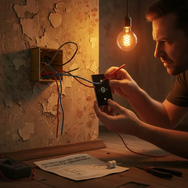 Montaż inteligentnego włącznika światła bez N w starej puszce, z oznaczonymi przewodami L i wyjściem na żarówkę LED