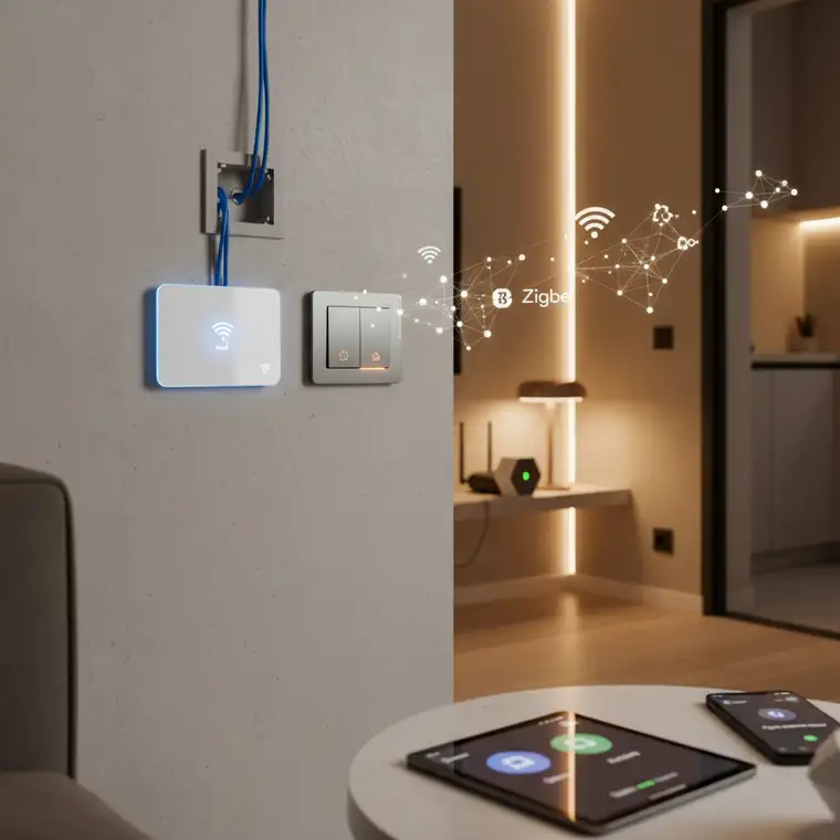 Schemat sieci mesh Zigbee w małym mieszkaniu w bloku, pokazujący zasięg i stabilność względem Wi-Fi w 2026 roku