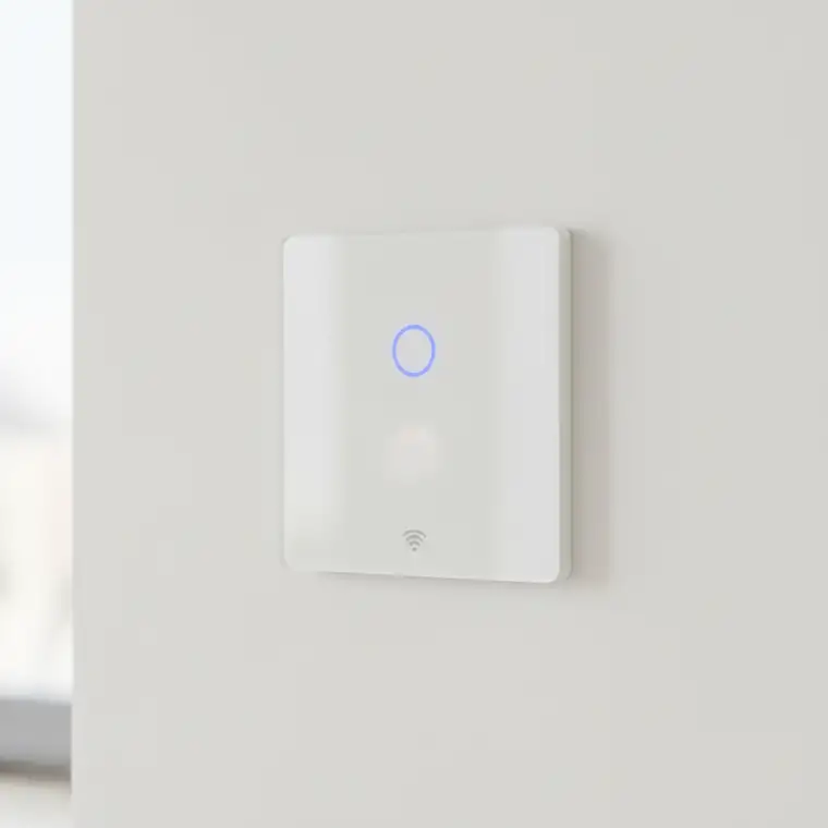 Nowoczesny inteligentny włącznik światła zamontowany w mieszkaniu na wynajem, pokazujący jak działa smart home przy ograniczonym budżecie