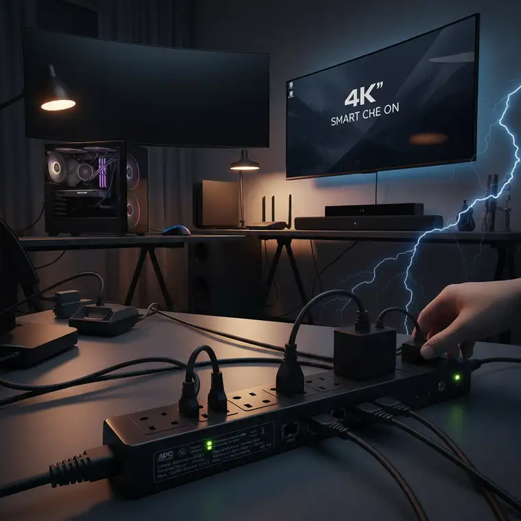 Zbliżenie na listwę antyprzepięciową z wieloma gniazdami i zabezpieczeniem RJ-45, używaną z komputerem i telewizorem w jednym pomieszczeniu