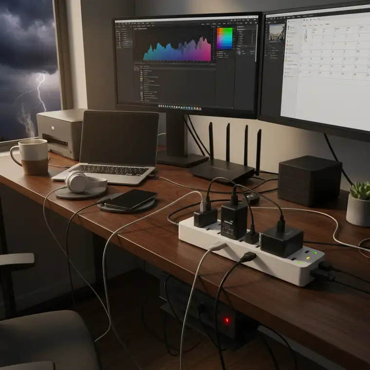 Nowoczesne domowe biuro z wieloma zasilaczami podłączonymi do listwy antyprzepięciowej, pokazujące praktyczne zastosowanie ochrony przeciwprzepięciowej