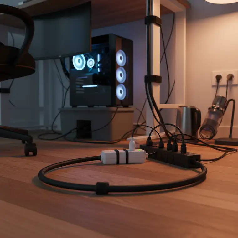 Przedłużacz z uziemieniem i listwa antyprzepięciowa podłączone zgodnie z zasadami bezpieczeństwa, z widocznym przekrojem kabla i oznaczeniami obciążenia