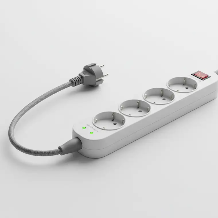 Schemat bezpiecznego podłączenia listwy antyprzepięciowej do przedłużacza bez przeciążania instalacji, z zaznaczonym uziemieniem i maksymalnym obciążeniem