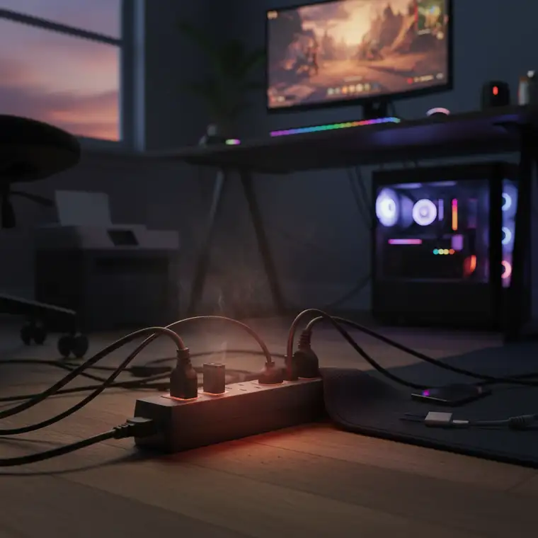 Zbliżenie na listwę antyprzepięciową z podłączonym komputerem; wizualizacja kontroli przegrzewania i dobrego rozmieszczenia obciążenia