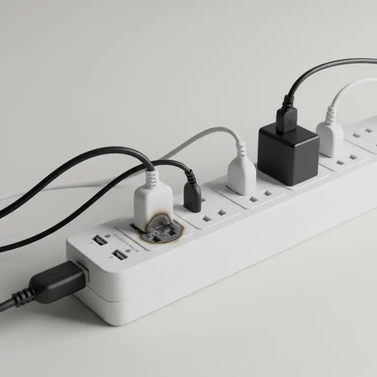 Biurko z komputerem podłączonym do listwy antyprzepięciowej; ilustracja nagrzewającej się listwy podczas pracy z komputerem i wielu urządzeń peryferyjnych