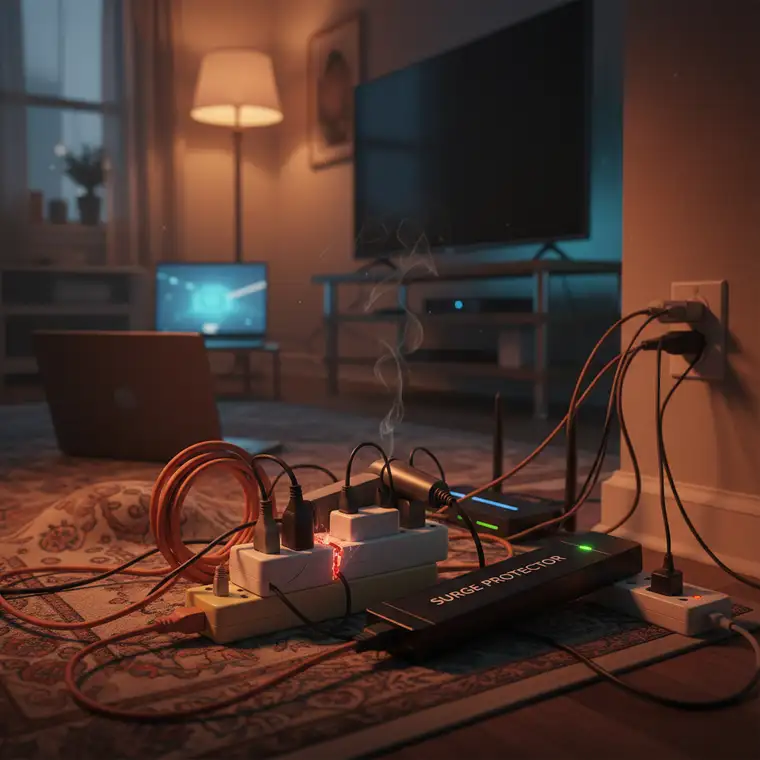 Listwa antyprzepięciowa z uziemieniem i ochroną przepięciową, używana prawidłowo w małym mieszkaniu z jedną fazą do zabezpieczenia sprzętu RTV