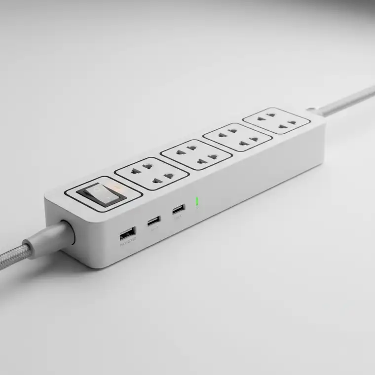 Listwa antyprzepięciowa zabezpieczająca elektronikę w małym mieszkaniu z jedną fazą, podłączona do uziemionego gniazdka i kilku urządzeń