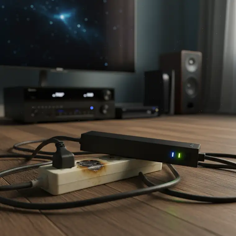 Nowa listwa antyprzepięciowa z warystorami i wskaźnikami LED, pokazująca skuteczną ochronę domowego kina i różnicę względem używanej listwy