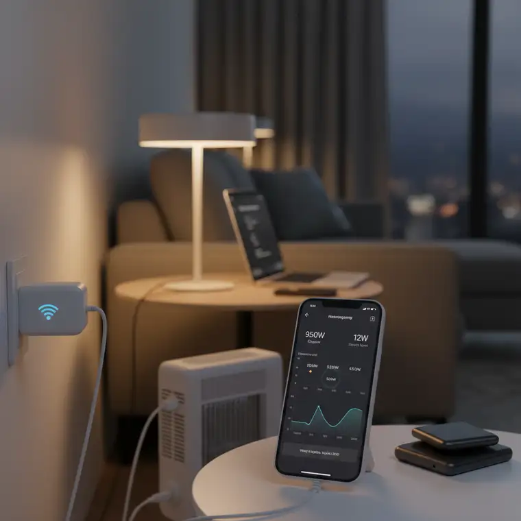 Zestaw kilku gniazdek smart z pomiarem energii sterujących lampami, grzejnikiem i elektroniką w salonie w aplikacji smart home