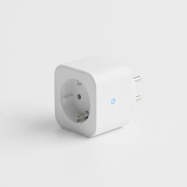 Inteligentne gniazdko smart z pomiarem energii wpięte do gniazdka ściennego, sterujące lampą i pokazujące zużycie prądu w aplikacji mobilnej smart home