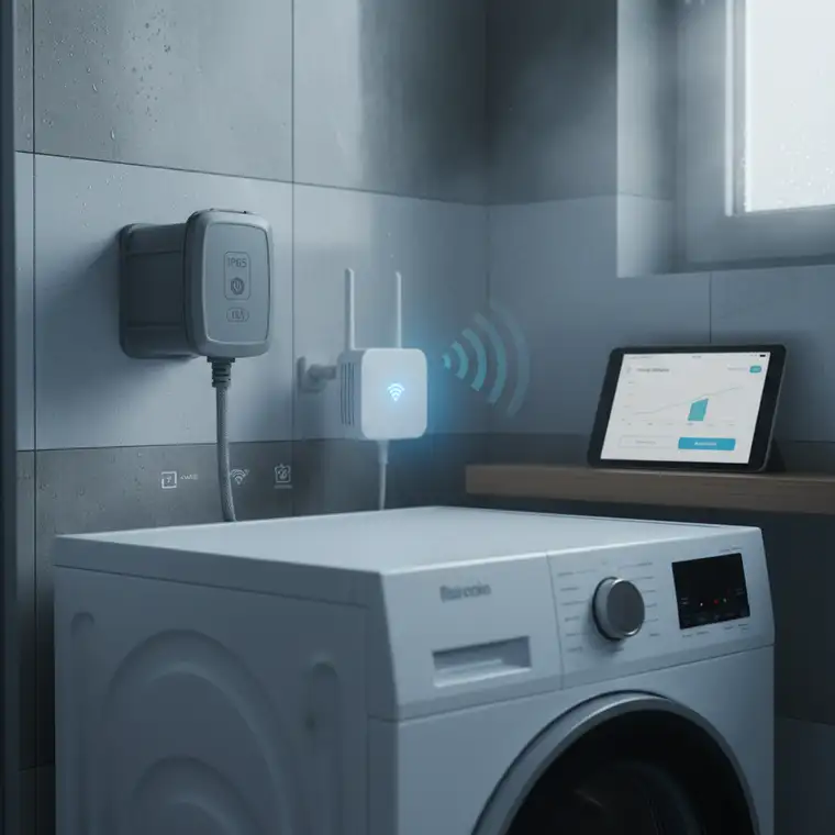 Schemat wyboru gniazdka smart do pralki – widok parametrów IP, obciążenia 16A, Wi‑Fi/Zigbee oraz montażu w łazience z wilgocią