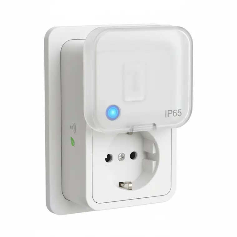 Gniazdko smart do pralki w łazience z wilgocią – widok montażu przy pralce, wilgotne otoczenie, słaby zasięg Wi‑Fi, omawiane w poradniku