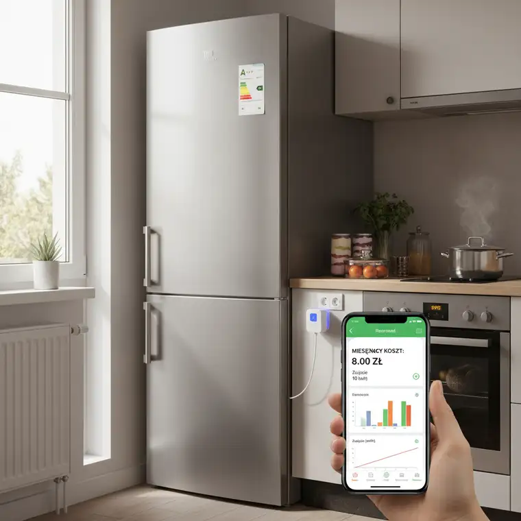 Schemat pokazujący lodówkę, gniazdko smart i aplikację mobilną z pomiarem zużycia energii w kawalerce 30 m2