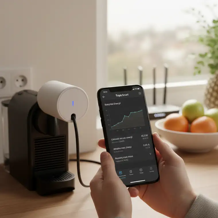 Panel sterowania gniazdkiem smart z pomiarem energii w aplikacji Tuya, wykres zużycia prądu i statystyki kWh na ekranie telefonu