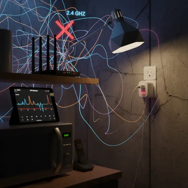 Schemat sieci domowej z routerem, repeaterem Wi‑Fi i kilkoma gniazdkami smart w różnych pokojach pokazujący optymalne rozmieszczenie