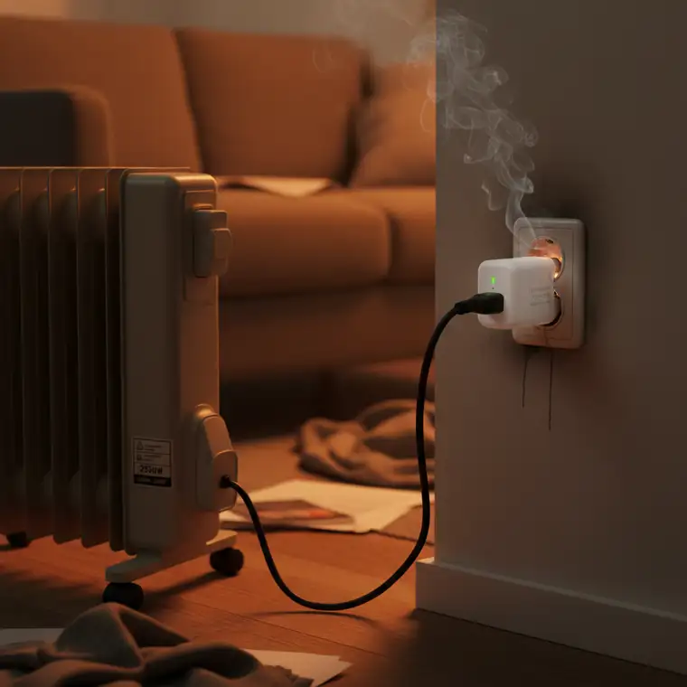 Gniazdko smart z uziemieniem używane z grzejnikiem olejowym, ilustrujące bezpieczne podłączanie urządzeń o dużym poborze mocy do gniazdek smart w domu