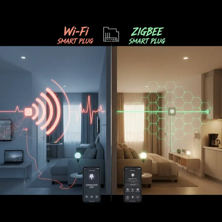 Gniazdka smart Zigbee i Wi‑Fi w sieci inteligentnego domu z bramką, pokazujące przewagę sieci mesh w mieszkaniu z routerem w przedpokoju