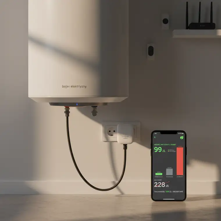 Panel sterowania smart home pokazujący harmonogram pracy bojlera elektrycznego w taryfie G12, z wykresem zużycia energii