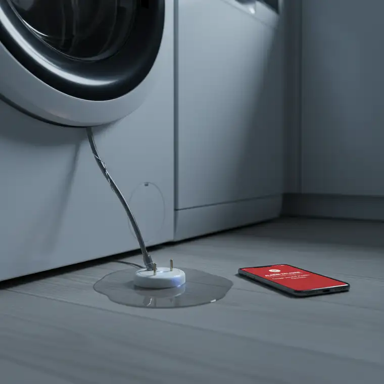 Kilka czujników zalania Wi-Fi i Zigbee w systemie smart home, rozmieszczonych przy pralce, zmywarce i bojlerze w mieszkaniu