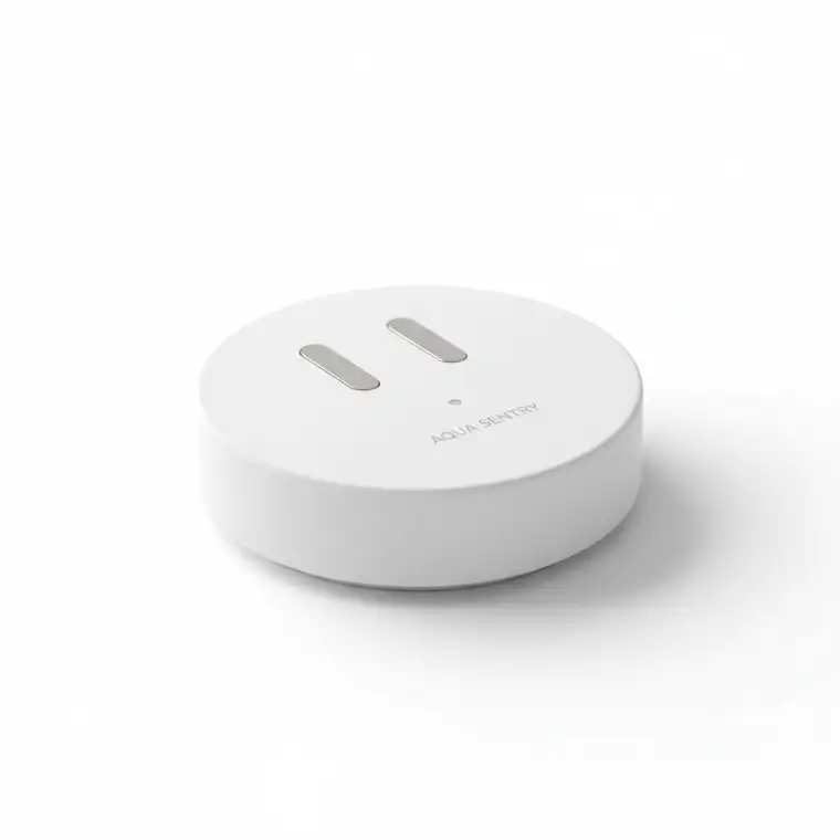 Mały bezprzewodowy czujnik zalania pod pralką w inteligentnym domu, wykrywający wyciek wody i chroniący mieszkanie przed zalaniem