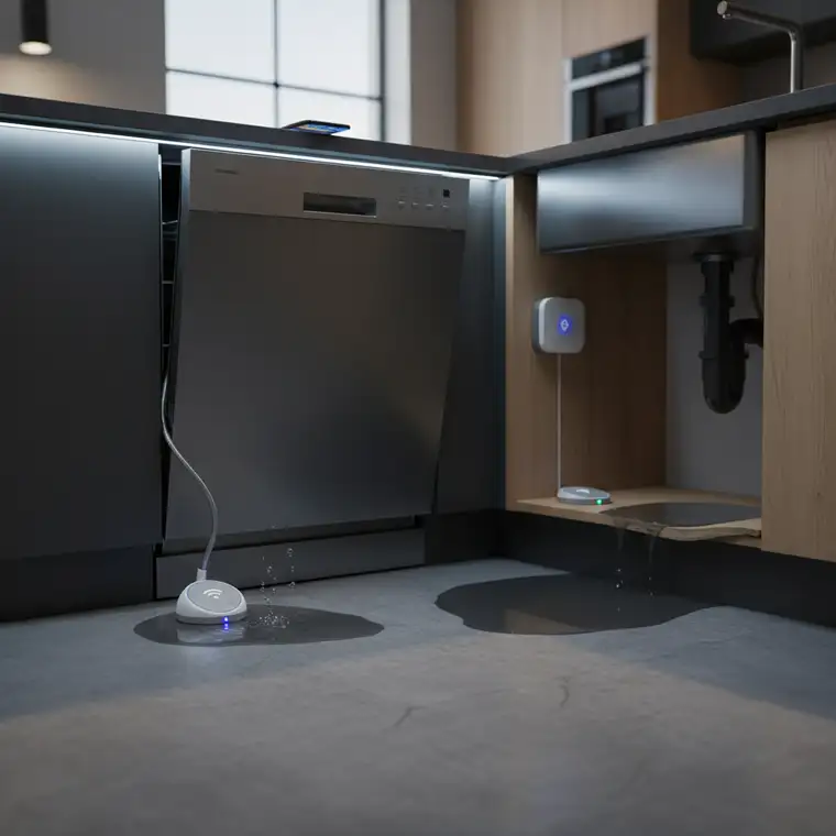 Schemat systemu smart home z czujnikami zalania pod zmywarką i zlewem, pokazujący integrację i koszt zabezpieczenia kuchni