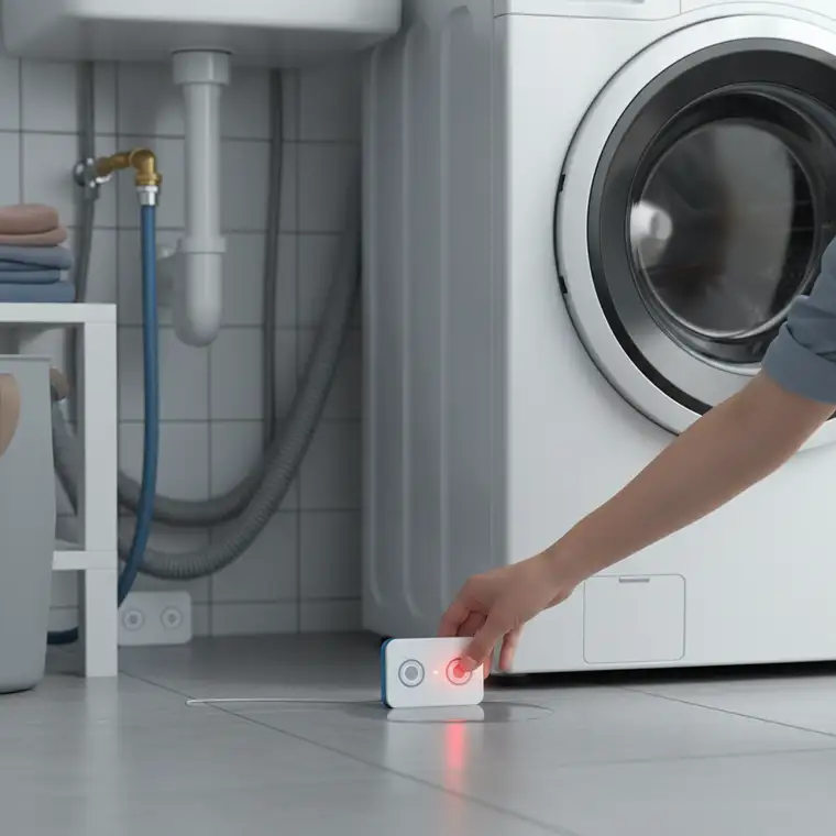 Widok tylnej części pralki z wężami dopływowymi i odpływowymi oraz zaznaczonym miejscem montażu czujnika zalania na podłodze pod przyłączami