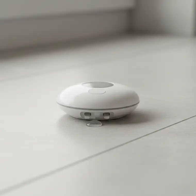 Frontowa pralka w łazience z zaznaczonym miejscem montażu czujnika zalania przy podłodze – optymalne położenie sensora w pobliżu frontu urządzenia