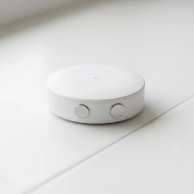 Czujnik zalania na podłodze w inteligentnym domu, stojący blisko zlewu; pokazane elektrody i możliwe miejsce powstawania fałszywych alarmów przy suszeniu podłogi