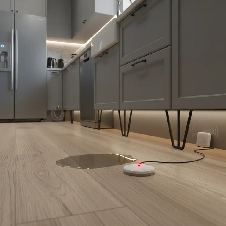 Schematyczne ujęcie kuchni z meblami na nóżkach, kablowymi i bezprzewodowymi czujnikami zalania połączonymi z systemem smart home