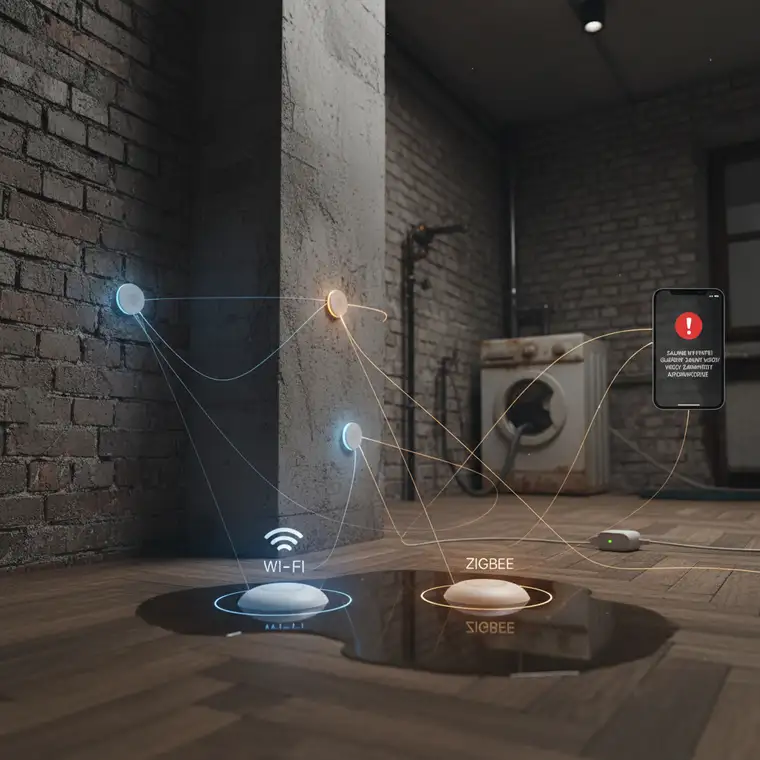 Rozmieszczenie czujników zalania Zigbee i Wi-Fi pod pralką, zmywarką i zlewem w mieszkaniu z grubymi ścianami, widok na praktyczną instalację