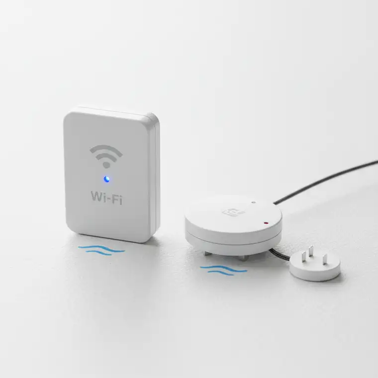 Schematyczne porównanie czujnika zalania Wi-Fi i Zigbee w mieszkaniu z grubymi ścianami, z zaznaczeniem zasięgu i niezawodności systemu