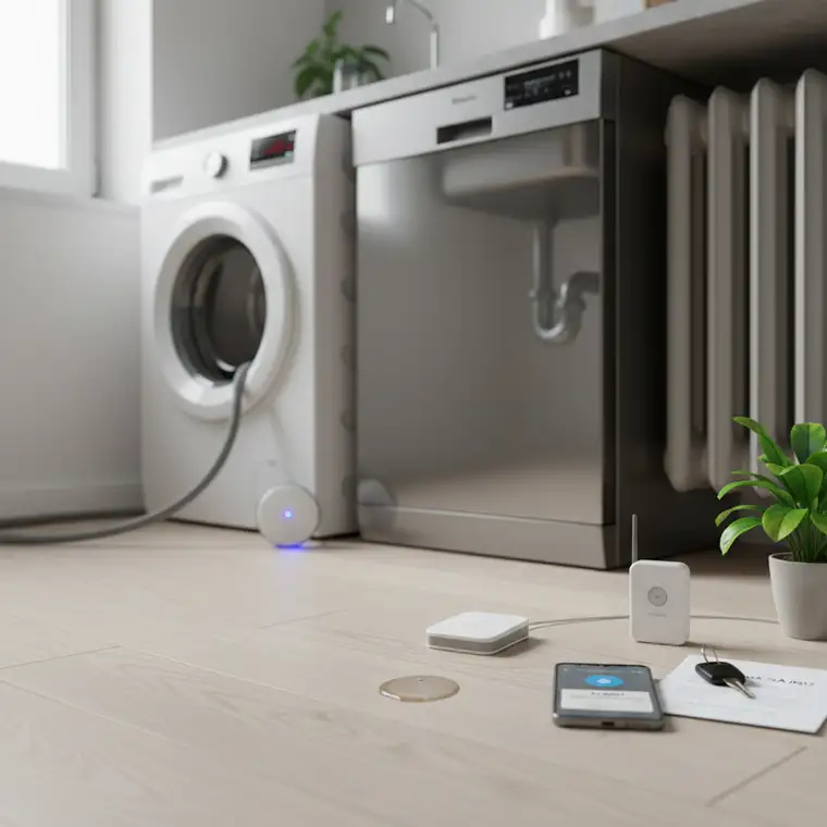 Nowoczesne czujniki zalania w systemie inteligentnego domu, monitorowanie pralki i zmywarki przez smartfon najemcy