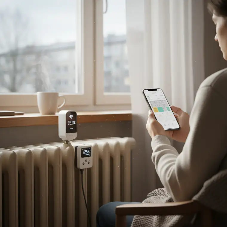 Zbliżenie na głowicę inteligentnego termostatu na kaloryferze z widocznym wyświetlaczem temperatury w mieszkaniu z centralnym ogrzewaniem