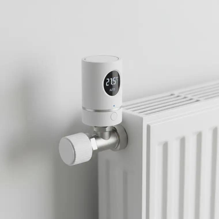 Inteligentny termostat grzejnikowy zamontowany na kaloryferze w mieszkaniu w bloku, prezentujący cyfrową regulację temperatury i zdalne sterowanie ogrzewaniem