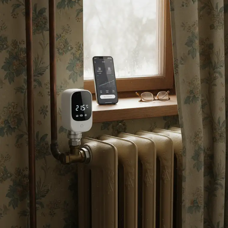 Zbliżenie na nowoczesną głowicę termostatyczną smart zamontowaną na zaworze starego grzejnika żeliwnego, ilustrującą adaptacyjne sterowanie temperaturą w instalacji z pionami miejskimi