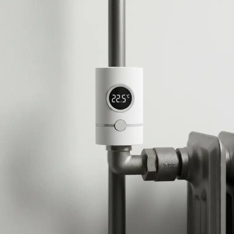 Stary grzejnik żeliwny z zamontowaną głowicą termostatyczną smart w mieszkaniu z pionami miejskimi, pokazujący praktyczne zastosowanie inteligentnego sterowania ogrzewaniem