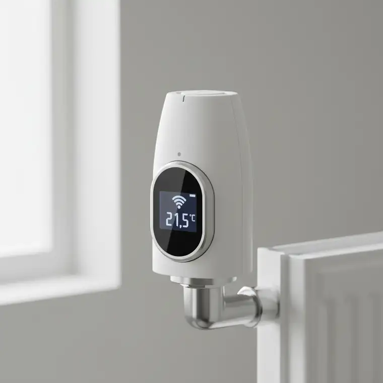 Nowoczesne inteligentne głowice termostatyczne na grzejnikach w mieszkaniu 50 m2, obraz ilustruje koszt kompletu w 2026 roku i działanie smart ogrzewania