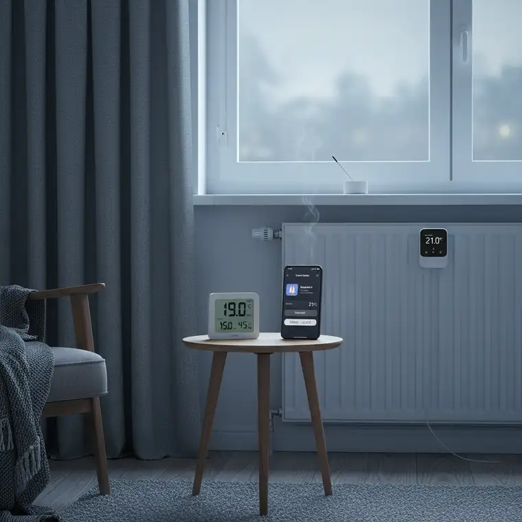 Kalibracja inteligentnego termostatu na grzejniku z użyciem offsetu, porównanie odczytów dwóch termometrów w pokoju z oknem od północy