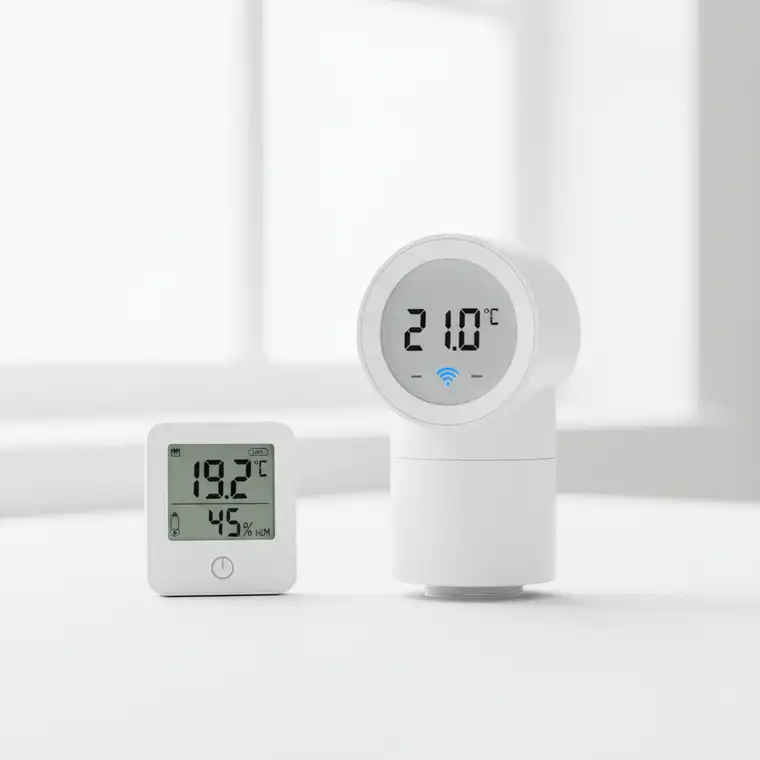 Inteligentny termostat na grzejniku w pokoju z oknem od północy, użytkownik mierzy temperaturę zewnętrznym termometrem do kalibracji