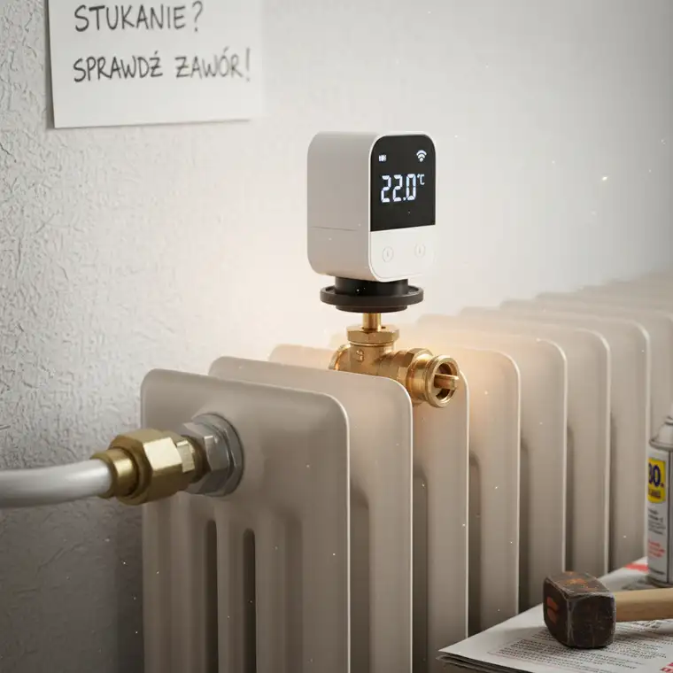 Widok instalacji grzewczej z inteligentną głowicą, zaworem i rurami, ilustrujący miejsca możliwego stukania przy regulacji