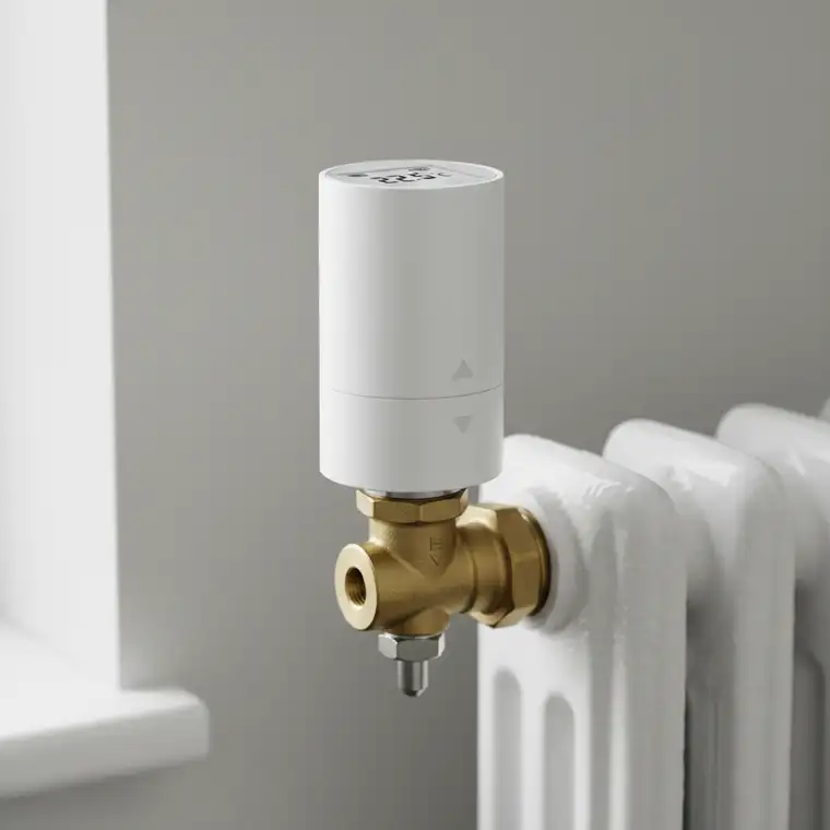 Inteligentna głowica na kaloryferze podczas regulacji temperatury, widoczny zawór termostatyczny i możliwe źródło stukania
