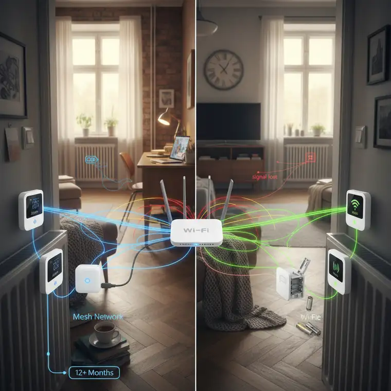 Schemat mieszkania z jednym routerem pokazujący zasięg Zigbee mesh i Wi-Fi dla inteligentnych głowic termostatycznych oraz wpływ ścian i odległości