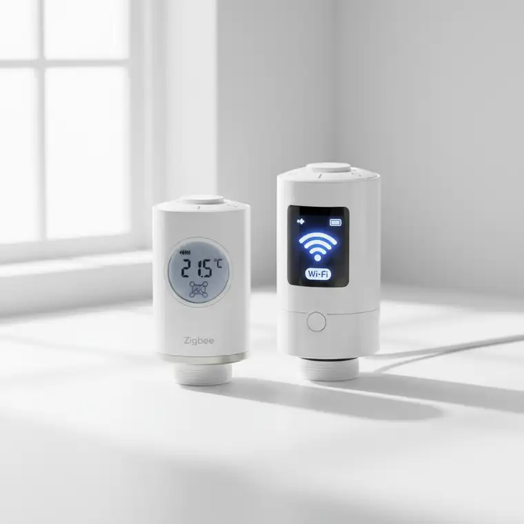 Nowoczesna inteligentna głowica termostatyczna Zigbee i Wi-Fi zamontowana na grzejniku w mieszkaniu z jednym routerem, ilustrująca różnice w działaniu i zarządzaniu ogrzewaniem